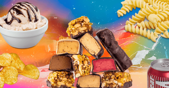 Pasta, chips, ice cream, soda, and protein bars on a multicolor background.